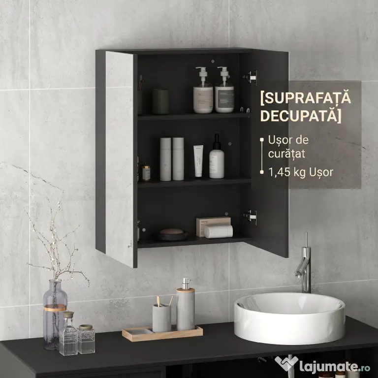 HOMCOM Dulap Suspendat de Baie cu 2 Uși cu Oglindă și 2 Rafturi Interne 60x15x75cm, Negru | Aosom Romania