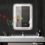 HOMCOM Oglindă de Baie Bluetooth LED 50 x 70 cm cu Anticeață - Argintiu | Aosom Romania 