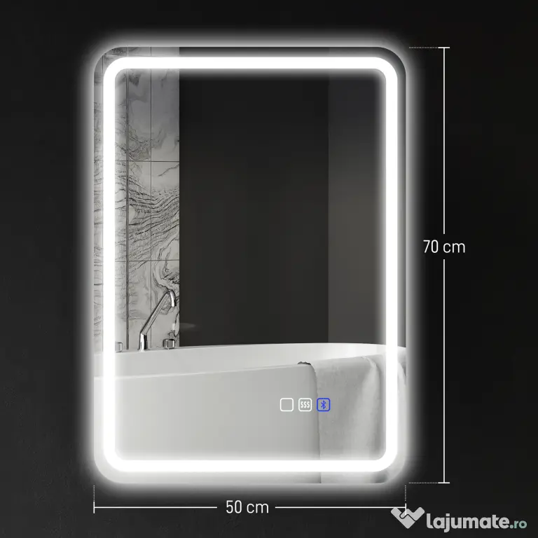 HOMCOM Oglindă de Baie Bluetooth LED 50 x 70 cm cu Anticeață - Argintiu | Aosom Romania