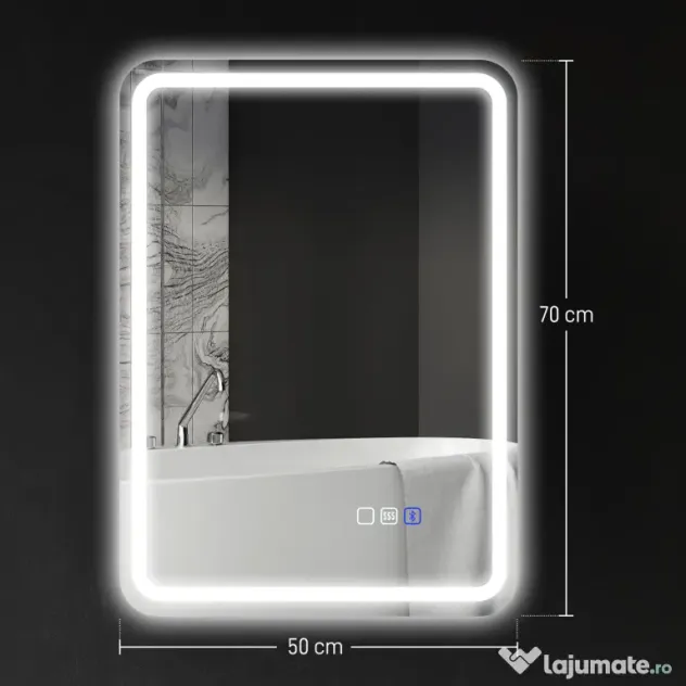 HOMCOM Oglindă de Baie Bluetooth LED 50 x 70 cm cu Anticeață - Argintiu | Aosom Romania