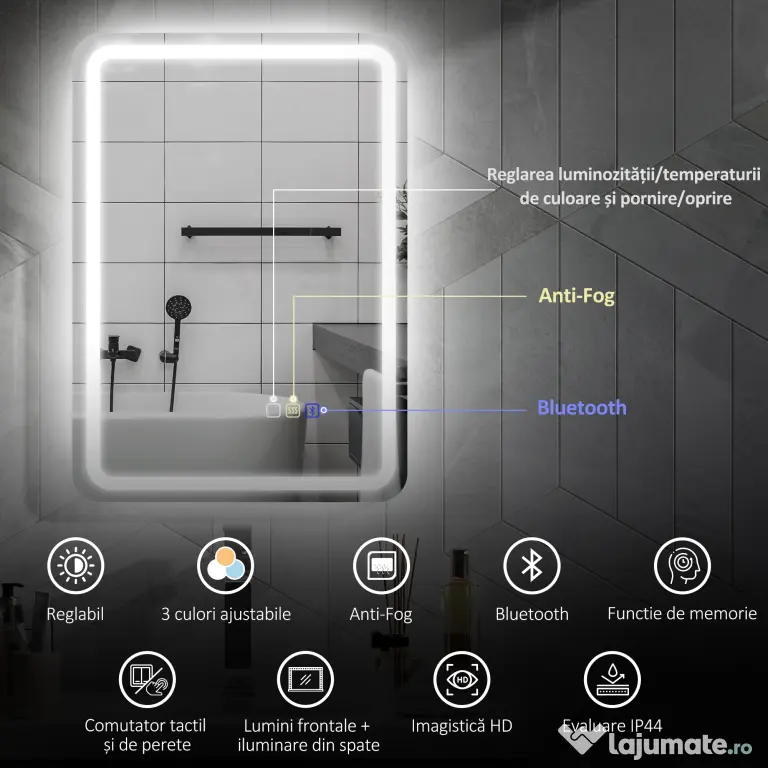 HOMCOM Oglindă de Baie Bluetooth LED 50 x 70 cm cu Anticeață - Argintiu | Aosom Romania