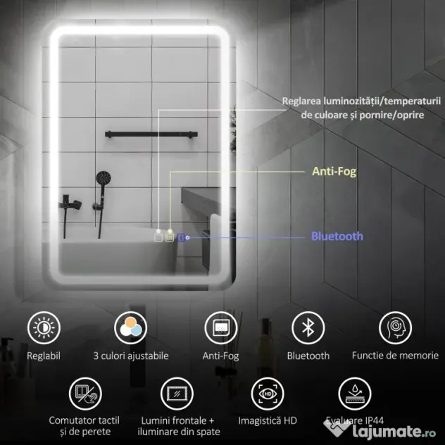 HOMCOM Oglindă de Baie Bluetooth LED 50 x 70 cm cu Anticeață - Argintiu | Aosom Romania