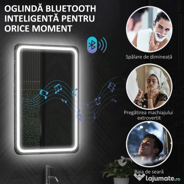 HOMCOM Oglindă de Baie Bluetooth LED 50 x 70 cm cu Anticeață - Argintiu | Aosom Romania