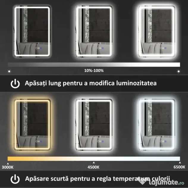 HOMCOM Oglindă de Baie Bluetooth LED 50 x 70 cm cu Anticeață - Argintiu | Aosom Romania