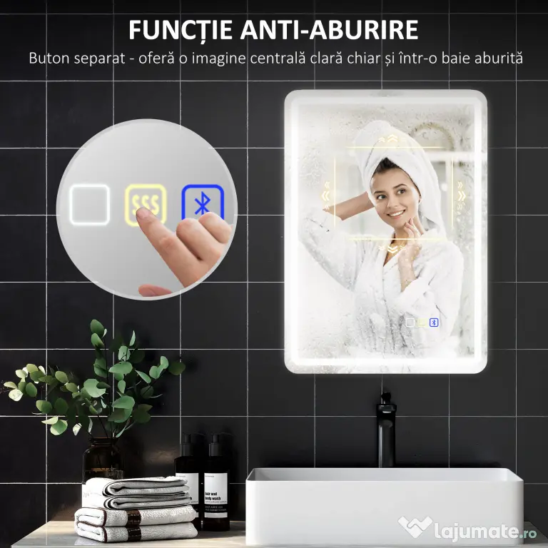 HOMCOM Oglindă de Baie Bluetooth LED 50 x 70 cm cu Anticeață - Argintiu | Aosom Romania