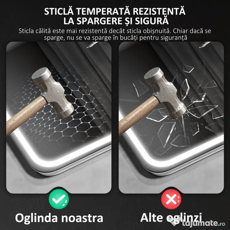HOMCOM Oglindă de Baie Bluetooth LED 50 x 70 cm cu Anticeață - Argintiu | Aosom Romania