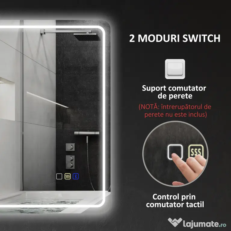 HOMCOM Oglindă de Baie Bluetooth LED 50 x 70 cm cu Anticeață - Argintiu | Aosom Romania