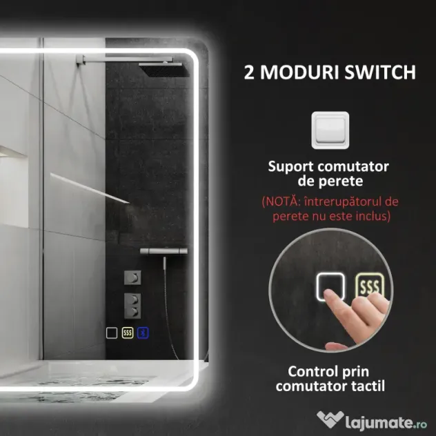 HOMCOM Oglindă de Baie Bluetooth LED 50 x 70 cm cu Anticeață - Argintiu | Aosom Romania
