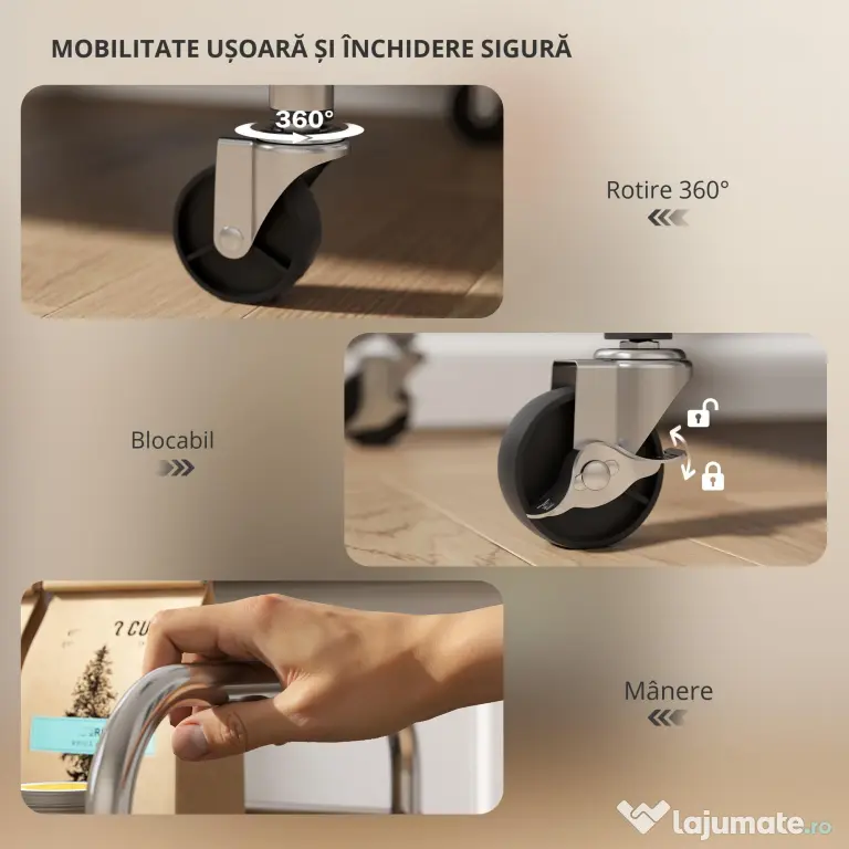HOMCOM Cărucior de bucătărie cu 3 rafturi pe roți, cu mânere, argintiu | Aosom Romania