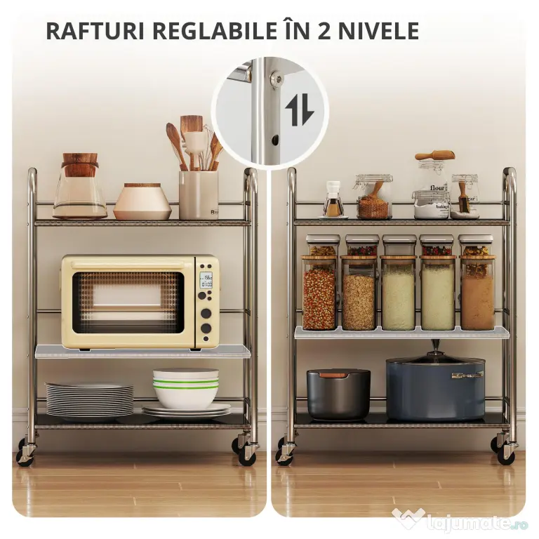 HOMCOM Cărucior de bucătărie cu 3 rafturi pe roți, cu mânere, argintiu | Aosom Romania