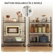 HOMCOM Cărucior de bucătărie cu 3 rafturi pe roți, cu mânere, argintiu | Aosom Romania