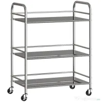 HOMCOM Cărucior multifuncțional cu 4 niveluri, cu raft central reglabil și margini înălțate, din oțel inoxidabil, 60x35x77 cm