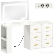 HOMCOM Stație de Machiaj cu Lumini LED, 3 Culori, Luminozitate Reglabilă, Toaletă Convertibilă cu Prize Electrice, 6 Sertare Soft Close, Oglindă, Rafturi Deschise, pentru Dormitor, Alb | Aosom Romania