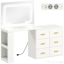 HOMCOM Stație de Machiaj cu Lumini LED, 3 Culori, Luminozitate Reglabilă, Toaletă Convertibilă cu Prize Electrice, 6 Sertare Soft Close, Oglindă, Rafturi Deschise, pentru Dormitor, Alb | Aosom Romania
