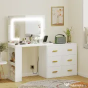 HOMCOM Stație de Machiaj cu Lumini LED, 3 Culori, Luminozitate Reglabilă, Toaletă Convertibilă cu Prize Electrice, 6 Sertare Soft Close, Oglindă, Rafturi Deschise, pentru Dormitor, Alb | Aosom Romania