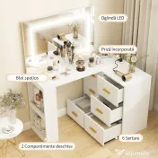 HOMCOM Stație de Machiaj cu Lumini LED, 3 Culori, Luminozitate Reglabilă, Toaletă Convertibilă cu Prize Electrice, 6 Sertare Soft Close, Oglindă, Rafturi Deschise, pentru Dormitor, Alb | Aosom Romania