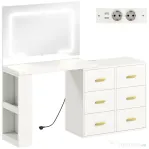 HOMCOM Toaletă pentru Cameră cu Oglindă și Lumini LED Reglabile, 6 Sertare, 2 Rafturi și Prize Electrice, Alb
