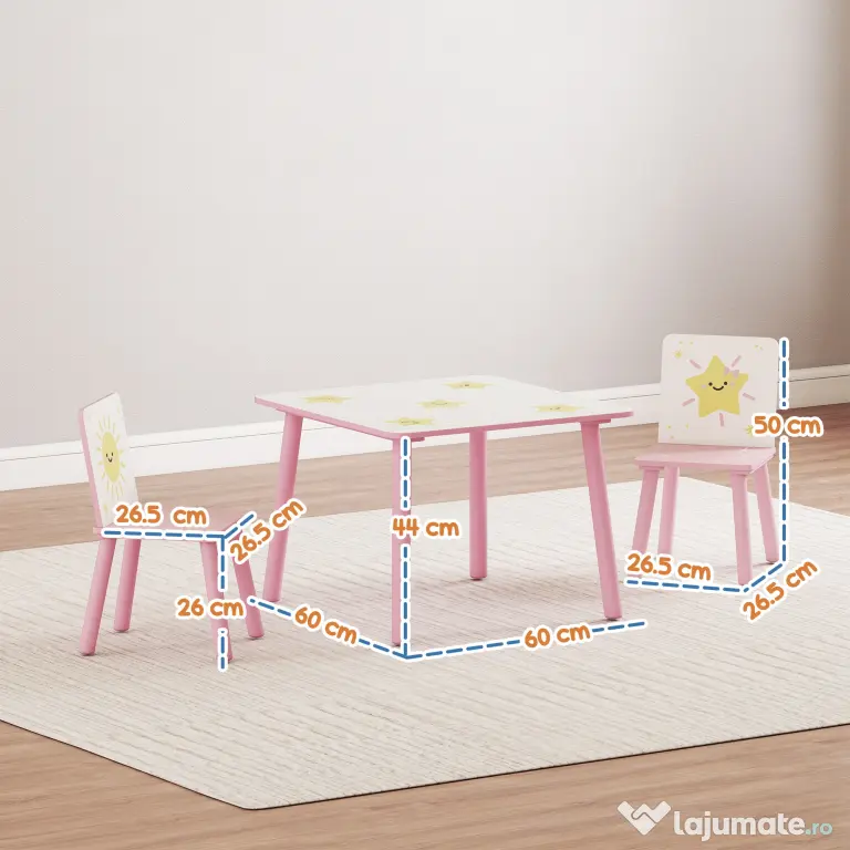 AIYAPLAY Set de 3 piese cu masă și scaune pentru copii, Masă cu 2 scaune pentru dormitor, grădiniță, sală de jocuri, Roz | Aosom Romania