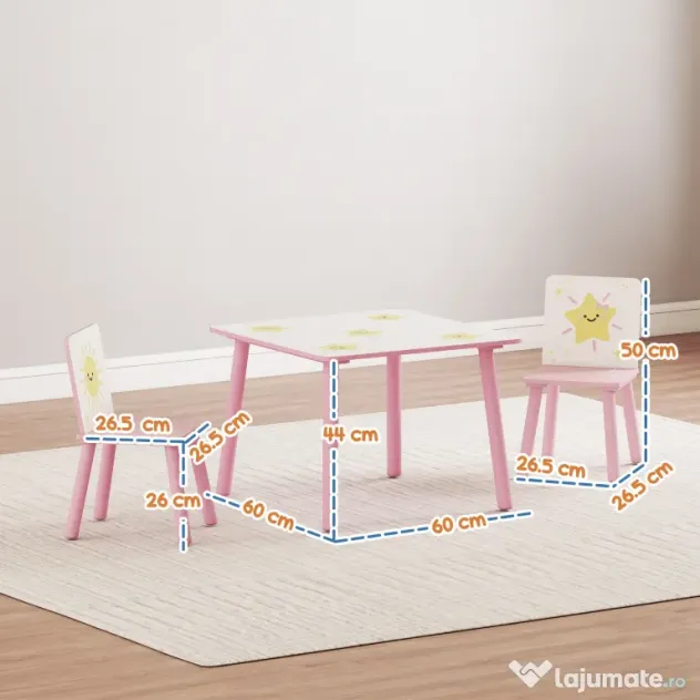 AIYAPLAY Set de 3 piese cu masă și scaune pentru copii, Masă cu 2 scaune pentru dormitor, grădiniță, sală de jocuri, Roz | Aosom Romania