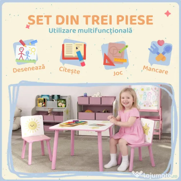 AIYAPLAY Set de 3 piese cu masă și scaune pentru copii, Masă cu 2 scaune pentru dormitor, grădiniță, sală de jocuri, Roz | Aosom Romania