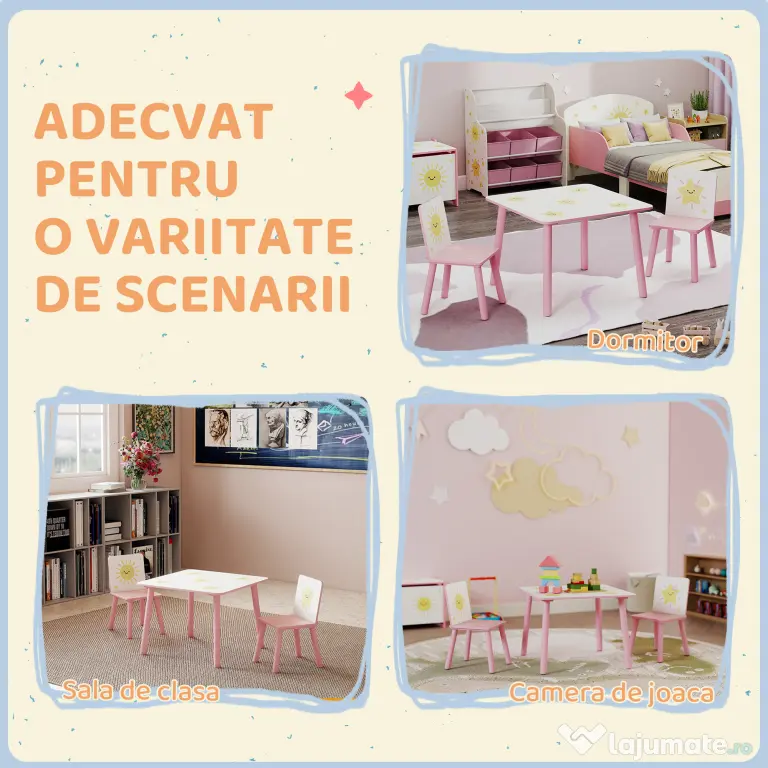 AIYAPLAY Set de 3 piese cu masă și scaune pentru copii, Masă cu 2 scaune pentru dormitor, grădiniță, sală de jocuri, Roz | Aosom Romania