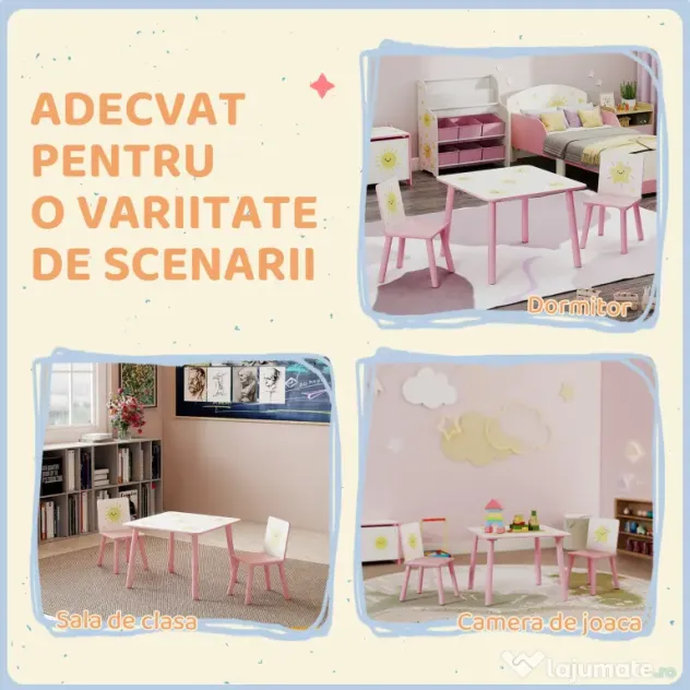 AIYAPLAY Set de 3 piese cu masă și scaune pentru copii, Masă cu 2 scaune pentru dormitor, grădiniță, sală de jocuri, Roz | Aosom Romania
