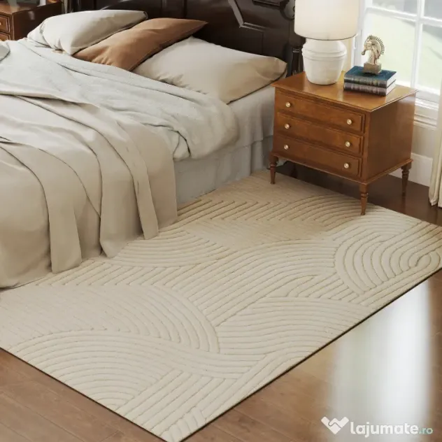 HOMCOM Covor Modern Antiderapant din Poliester și Bumbac cu Design Liniar, pentru Living, Dormitor, Crem