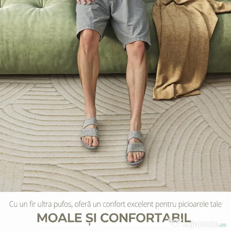 HOMCOM Covor Modern Antiderapant din Poliester și Bumbac cu Design Liniar, pentru Living, Dormitor, Crem