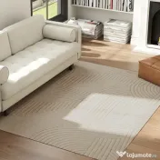HOMCOM Covor Modern Antiderapant din Poliester și Bumbac cu Design Liniar, pentru Living, Dormitor, Crem