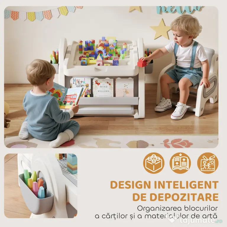 AIYAPLAY Set Masă și Scaun pentru Copii 3 în 1 cu Masă de Construcție, Tablă, Suport Convertibil și Containere, Masă Multiactivitate cu Scaun de Plastic pentru Copii 2-4 Ani pentru Cameră Copii | Aosom Romania