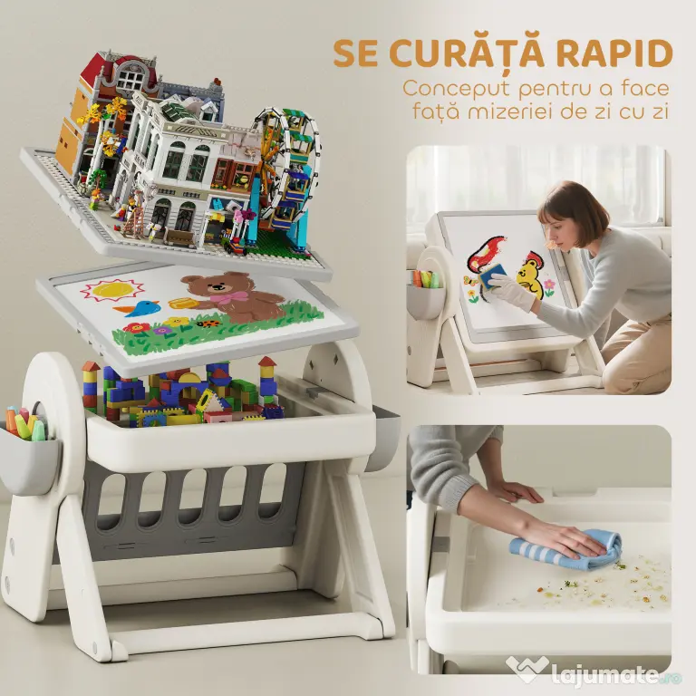 AIYAPLAY Set Masă și Scaun pentru Copii 3 în 1 cu Masă de Construcție, Tablă, Suport Convertibil și Containere, Masă Multiactivitate cu Scaun de Plastic pentru Copii 2-4 Ani pentru Cameră Copii | Aosom Romania