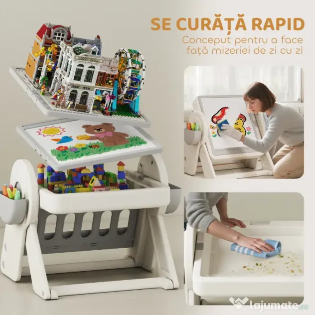 AIYAPLAY Set Masă și Scaun pentru Copii 3 în 1 cu Masă de Construcție, Tablă, Suport Convertibil și Containere, Masă Multiactivitate cu Scaun de Plastic pentru Copii 2-4 Ani pentru Cameră Copii | Aosom Romania
