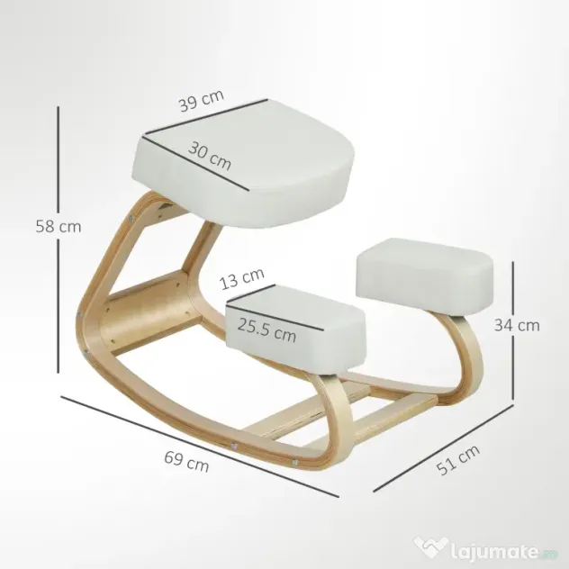 Vinsetto Scaun ergonomic pentru genunchi din mesteacăn și pernă Crem | Aosom Romania