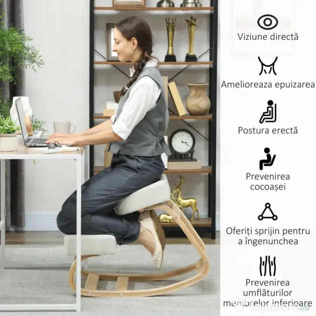 Vinsetto Scaun ergonomic pentru genunchi din mesteacăn și pernă Crem | Aosom Romania