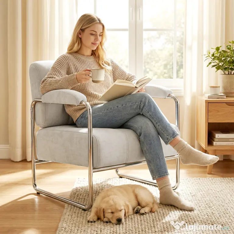 HOMCOM Fotoliu de Living cu Șezut Gros, Spațios, Cusături Duble, Fotoliu pentru Dormitor în Chenille Moale, Ușor de Asamblat, Cadru din Oțel, pentru Living, Birou, Bej | Aosom Romania