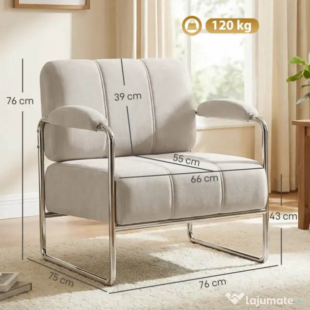 HOMCOM Fotoliu de Living cu Șezut Gros, Spațios, Cusături Duble, Fotoliu pentru Dormitor în Chenille Moale, Ușor de Asamblat, Cadru din Oțel, pentru Living, Birou, Bej | Aosom Romania