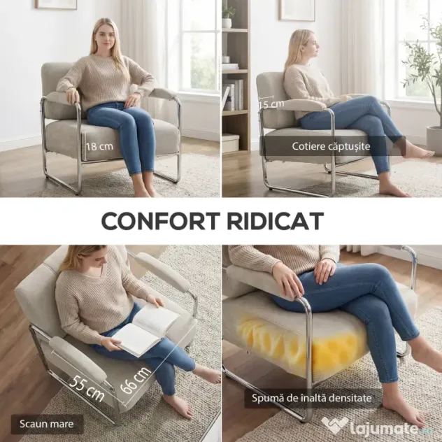 HOMCOM Fotoliu de Living cu Șezut Gros, Spațios, Cusături Duble, Fotoliu pentru Dormitor în Chenille Moale, Ușor de Asamblat, Cadru din Oțel, pentru Living, Birou, Bej | Aosom Romania