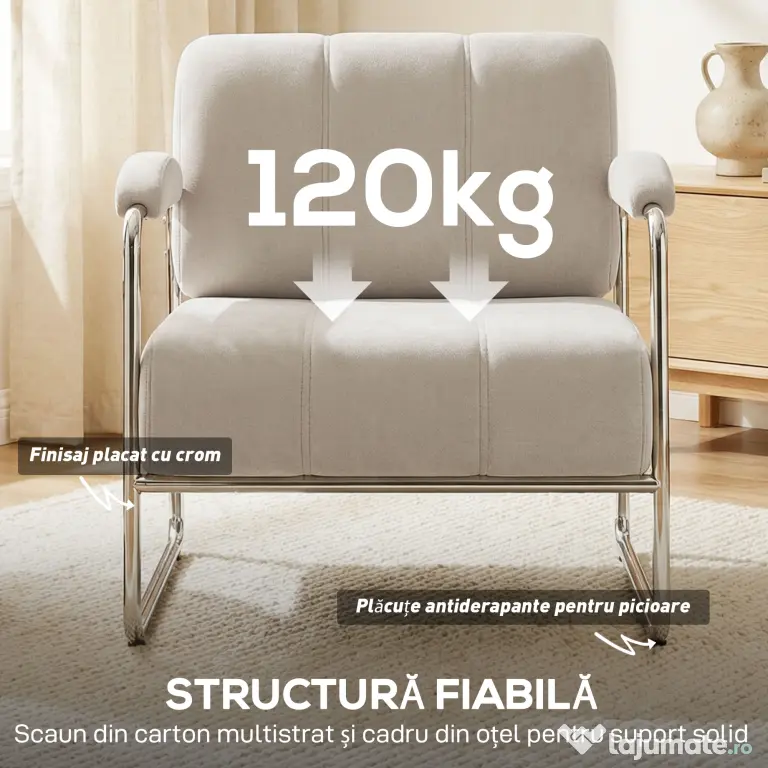 HOMCOM Fotoliu de Living cu Șezut Gros, Spațios, Cusături Duble, Fotoliu pentru Dormitor în Chenille Moale, Ușor de Asamblat, Cadru din Oțel, pentru Living, Birou, Bej | Aosom Romania