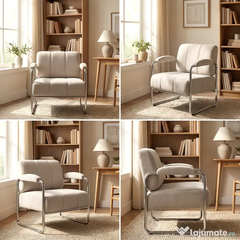 HOMCOM Fotoliu de Living cu Șezut Gros, Spațios, Cusături Duble, Fotoliu pentru Dormitor în Chenille Moale, Ușor de Asamblat, Cadru din Oțel, pentru Living, Birou, Bej | Aosom Romania