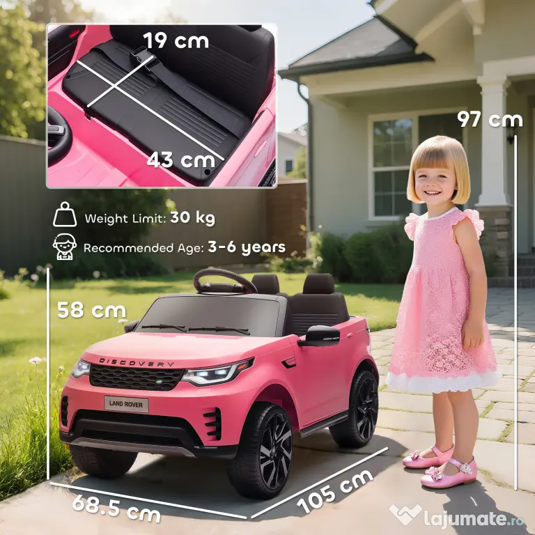 HOMCOM Mașină Electrică pentru Copii 3-6 Ani cu Licență Land Rover Discovery 12V, 2.5-4.5 km/h Auto Electrică pentru Copii cu 2 Motoare, Suspensii, Telecomandă, USB, Muzică, Faruri și Claxon, Roz | Aosom Romania