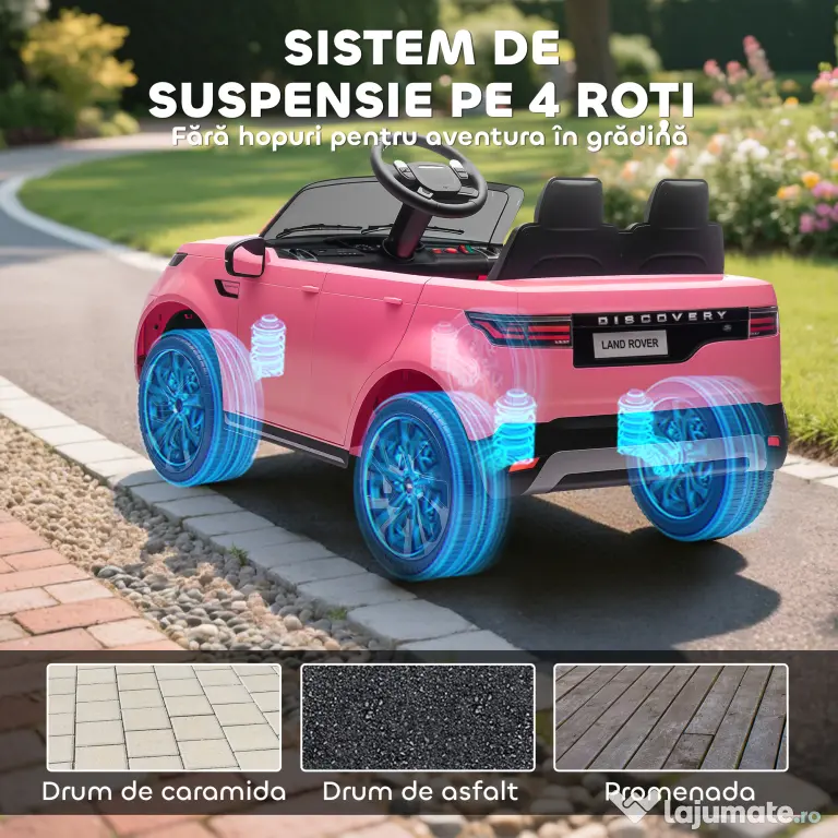 HOMCOM Mașină Electrică pentru Copii 3-6 Ani cu Licență Land Rover Discovery 12V, 2.5-4.5 km/h Auto Electrică pentru Copii cu 2 Motoare, Suspensii, Telecomandă, USB, Muzică, Faruri și Claxon, Roz | Aosom Romania