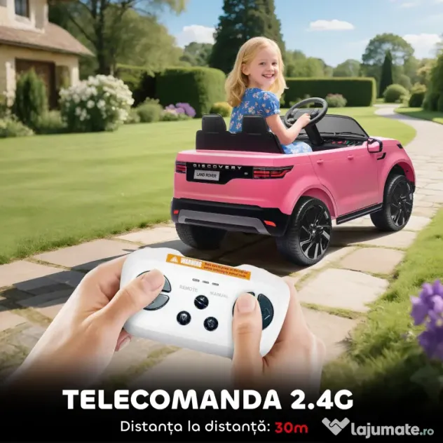 HOMCOM Mașină Electrică pentru Copii 3-6 Ani cu Licență Land Rover Discovery 12V, 2.5-4.5 km/h Auto Electrică pentru Copii cu 2 Motoare, Suspensii, Telecomandă, USB, Muzică, Faruri și Claxon, Roz | Aosom Romania