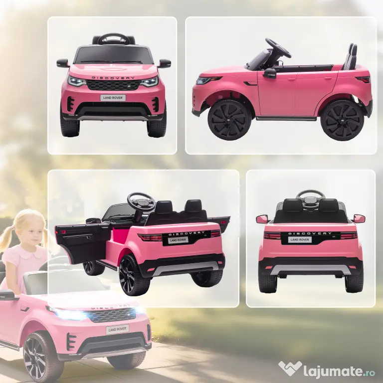 HOMCOM Mașină Electrică pentru Copii 3-6 Ani cu Licență Land Rover Discovery 12V, 2.5-4.5 km/h Auto Electrică pentru Copii cu 2 Motoare, Suspensii, Telecomandă, USB, Muzică, Faruri și Claxon, Roz | Aosom Romania