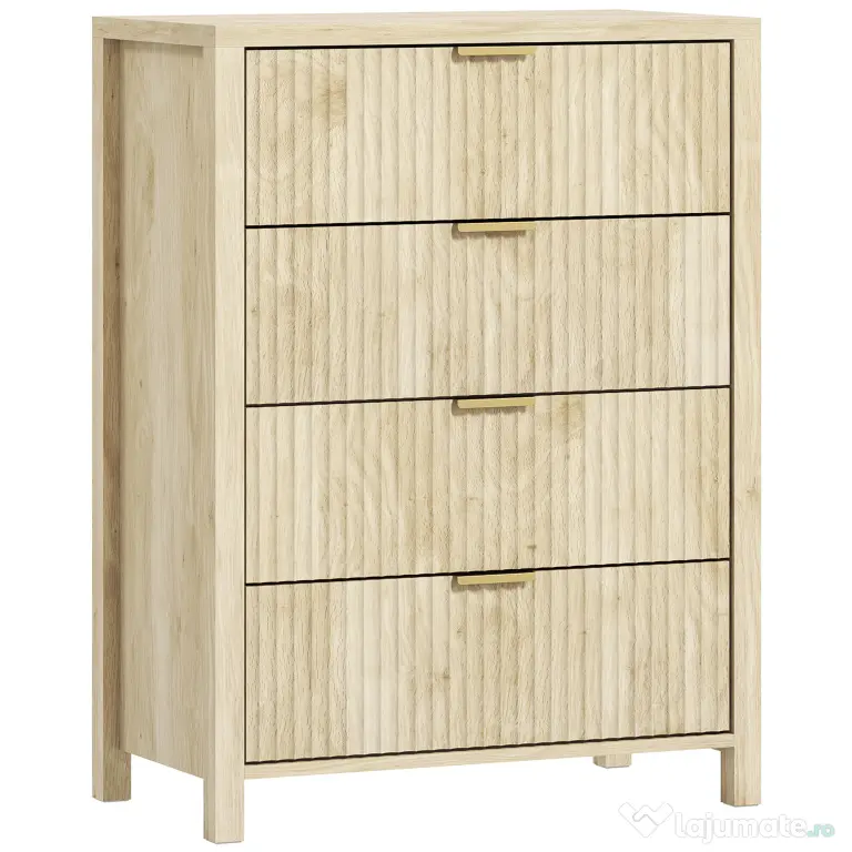 HOMCOM Comodă pentru Dormitor cu 4 Sertare Canelate, Comodă din Lemn cu Mânere Aurii, pentru Sufragerie, Sala de Mese și Hol, 70x38x93 cm, Lemn Natural | Aosom Romania