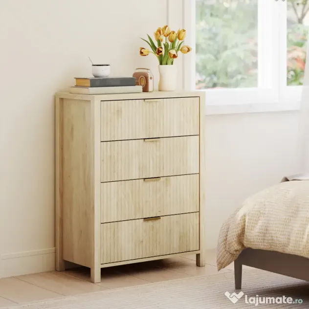 HOMCOM Comodă pentru Dormitor cu 4 Sertare Canelate, Comodă din Lemn cu Mânere Aurii, pentru Sufragerie, Sala de Mese și Hol, 70x38x93 cm, Lemn Natural | Aosom Romania