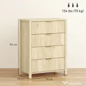 HOMCOM Comodă pentru Dormitor cu 4 Sertare Canelate, Comodă din Lemn cu Mânere Aurii, pentru Sufragerie, Sala de Mese și Hol, 70x38x93 cm, Lemn Natural | Aosom Romania