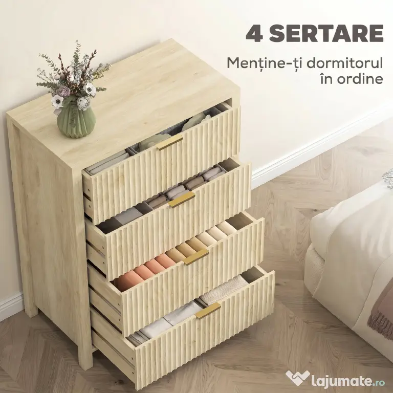 HOMCOM Comodă pentru Dormitor cu 4 Sertare Canelate, Comodă din Lemn cu Mânere Aurii, pentru Sufragerie, Sala de Mese și Hol, 70x38x93 cm, Lemn Natural | Aosom Romania