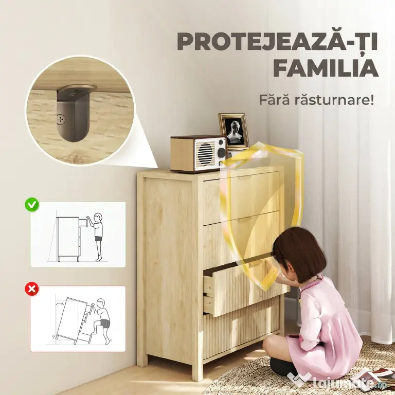 HOMCOM Comodă pentru Dormitor cu 4 Sertare Canelate, Comodă din Lemn cu Mânere Aurii, pentru Sufragerie, Sala de Mese și Hol, 70x38x93 cm, Lemn Natural | Aosom Romania