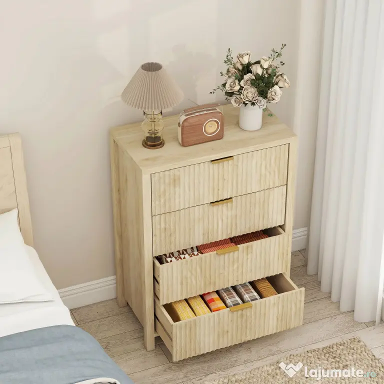 HOMCOM Comodă pentru Dormitor cu 4 Sertare Canelate, Comodă din Lemn cu Mânere Aurii, pentru Sufragerie, Sala de Mese și Hol, 70x38x93 cm, Lemn Natural | Aosom Romania