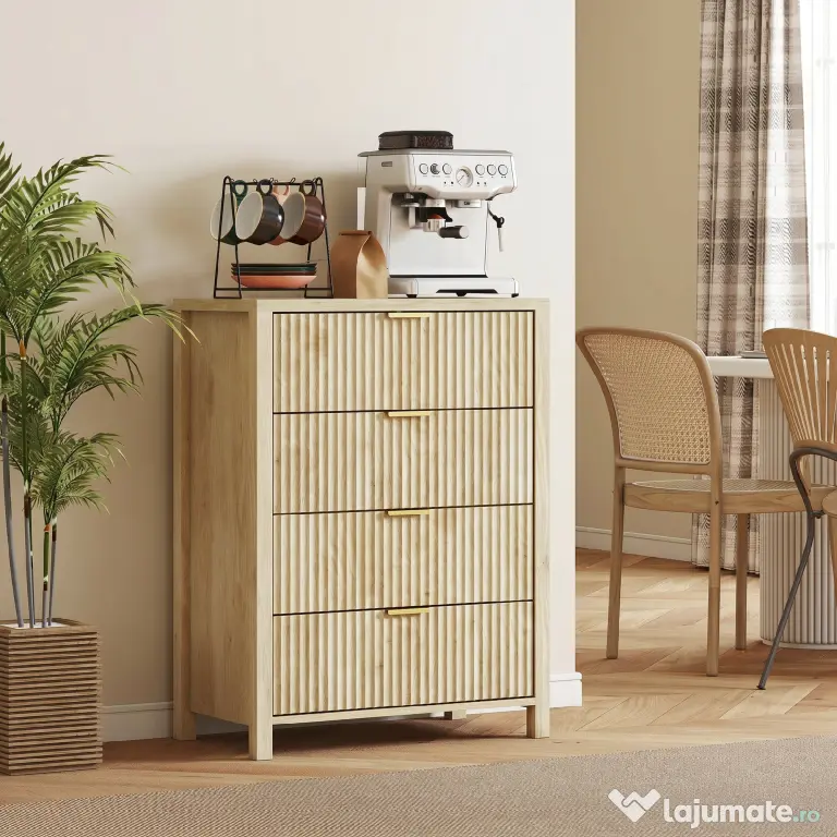 HOMCOM Comodă pentru Dormitor cu 4 Sertare Canelate, Comodă din Lemn cu Mânere Aurii, pentru Sufragerie, Sala de Mese și Hol, 70x38x93 cm, Lemn Natural | Aosom Romania